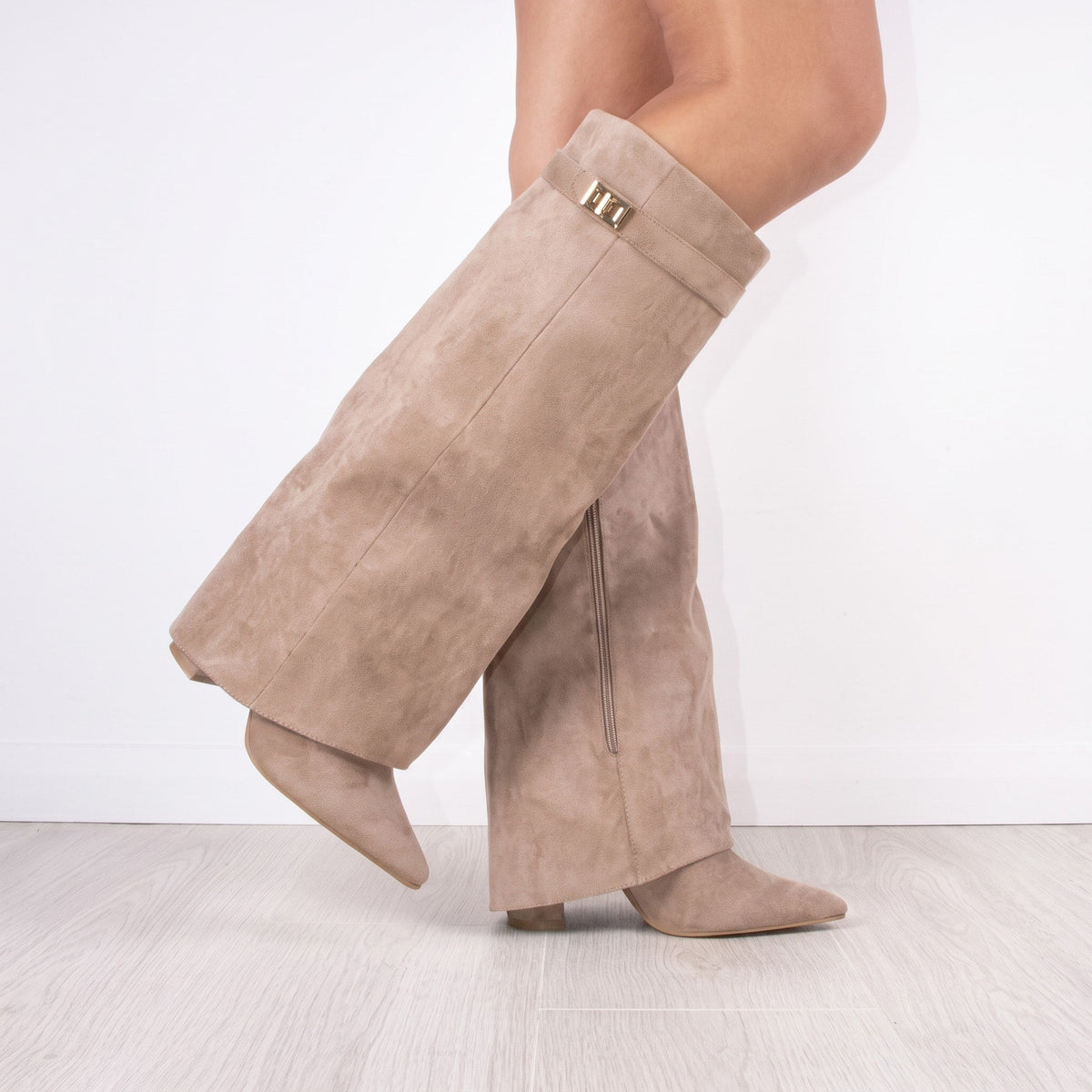 Sienna - Women's Pointed Toe Foldover Block Heel Knee-High Boots
