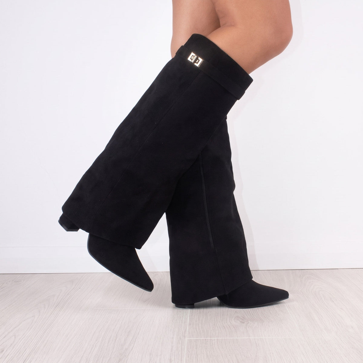 Sienna - Women's Pointed Toe Foldover Block Heel Knee-High Boots