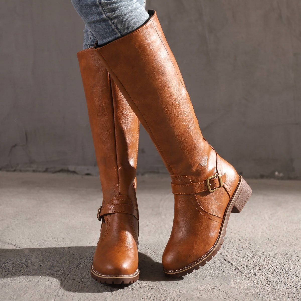 Sophia - Women's Knee-High Buckle Strap Riding Low Block Heel Boots
