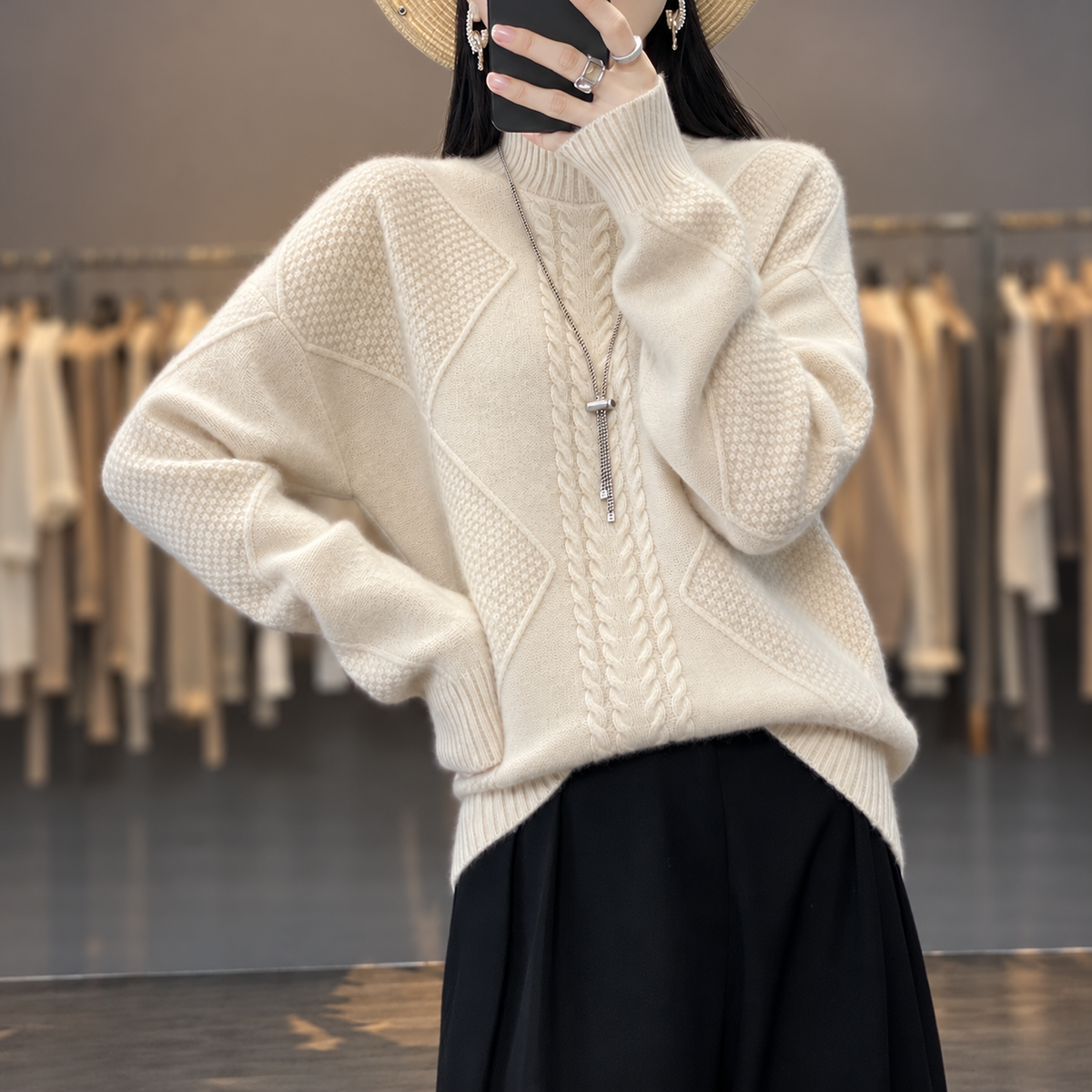 Maggie - Women's Cable-Knit Mock Neck Sweater