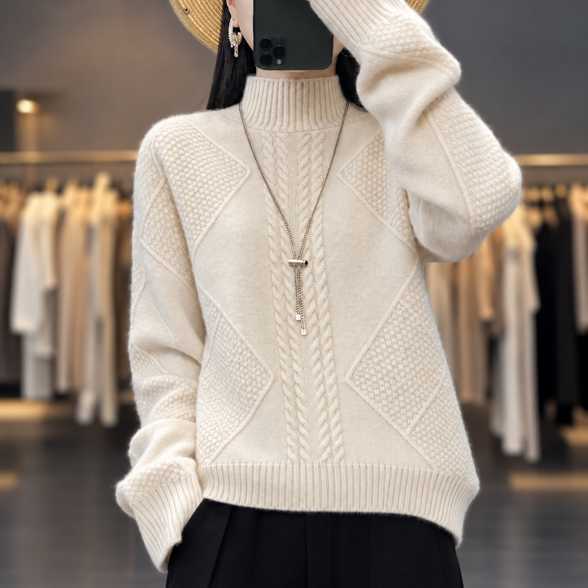 Maggie - Women's Cable-Knit Mock Neck Sweater