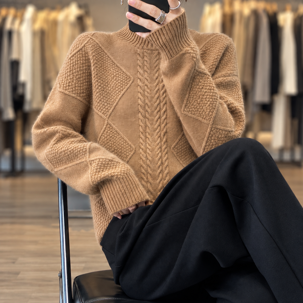 Maggie - Women's Cable-Knit Mock Neck Sweater