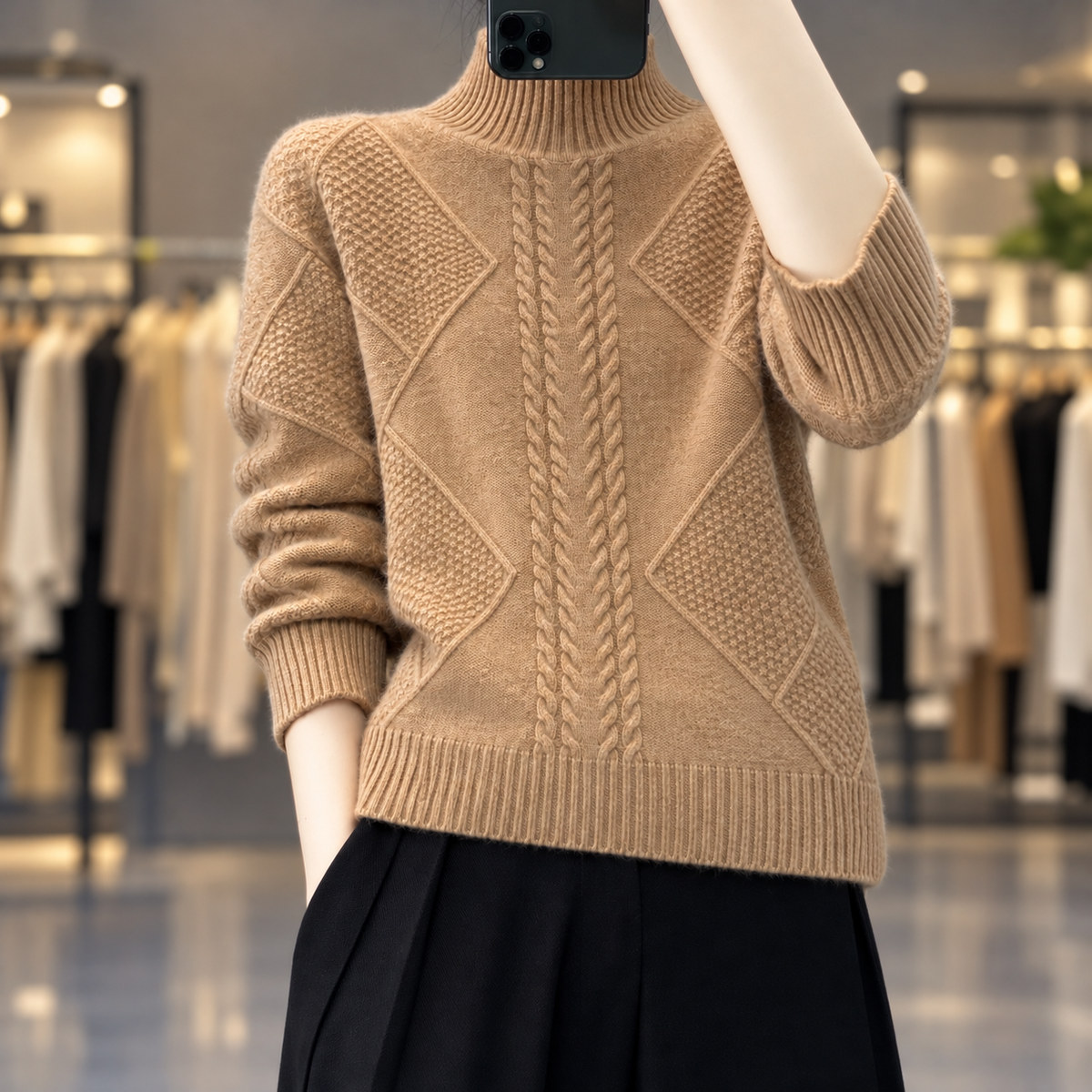Maggie - Women's Cable-Knit Mock Neck Sweater