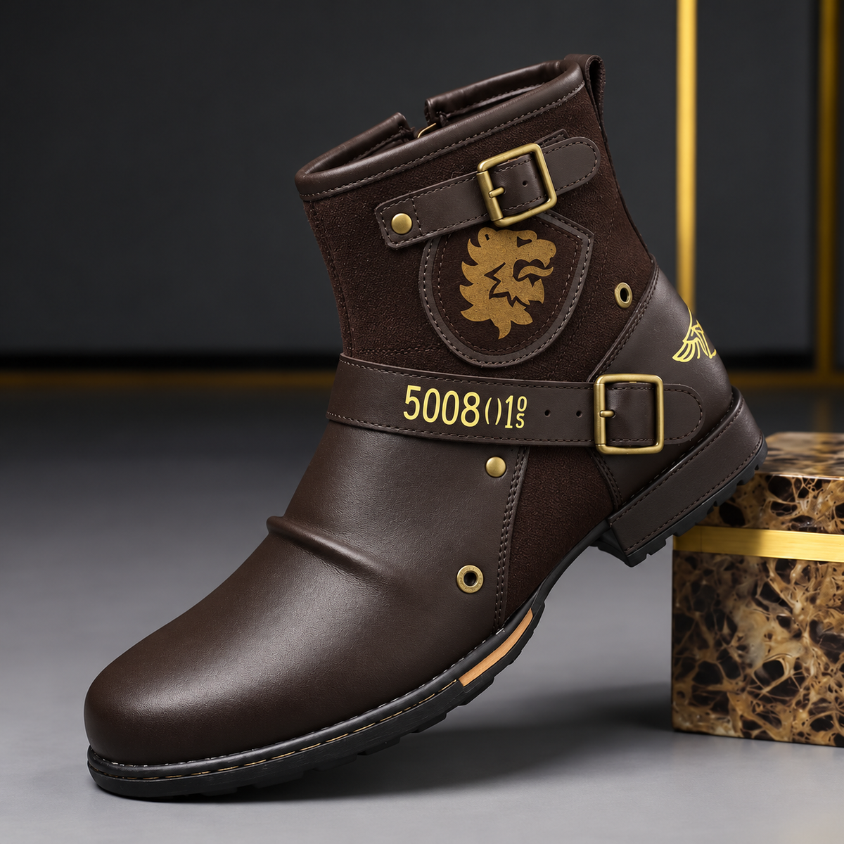 Charles – Men’s Rugged Ankle Boots with Buckle Strap and Side Zip