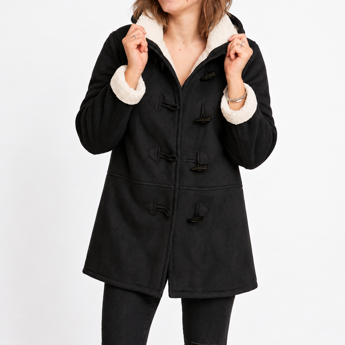 Isla - Women's Hooded Duffle Coat with Toggle Closures and Contrast Lining