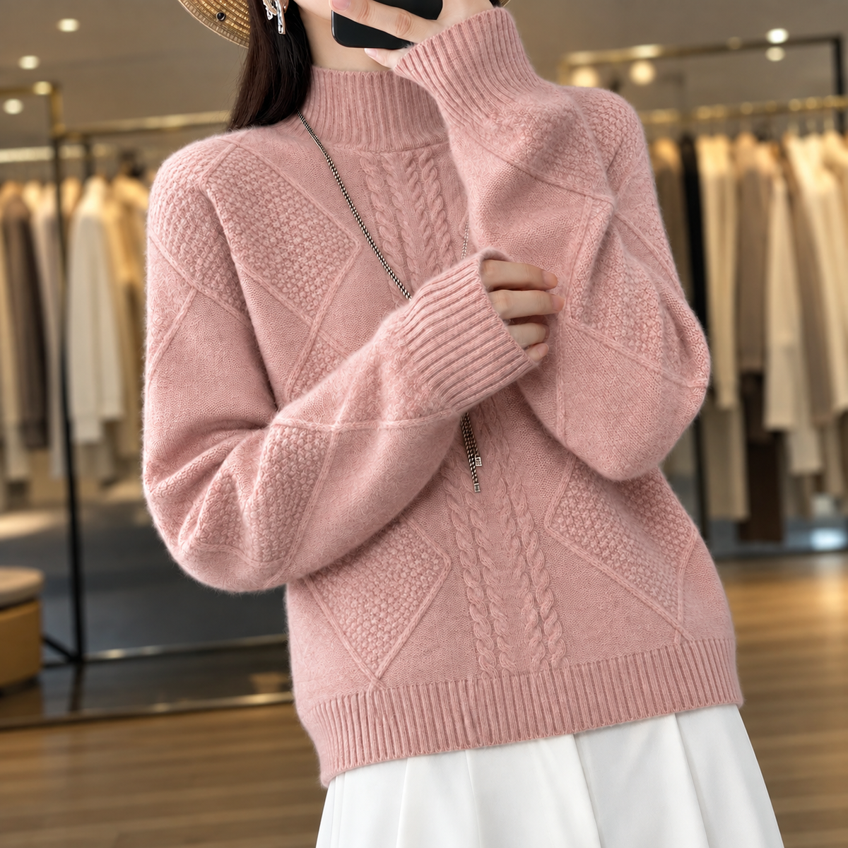 Maggie - Women's Cable-Knit Mock Neck Sweater
