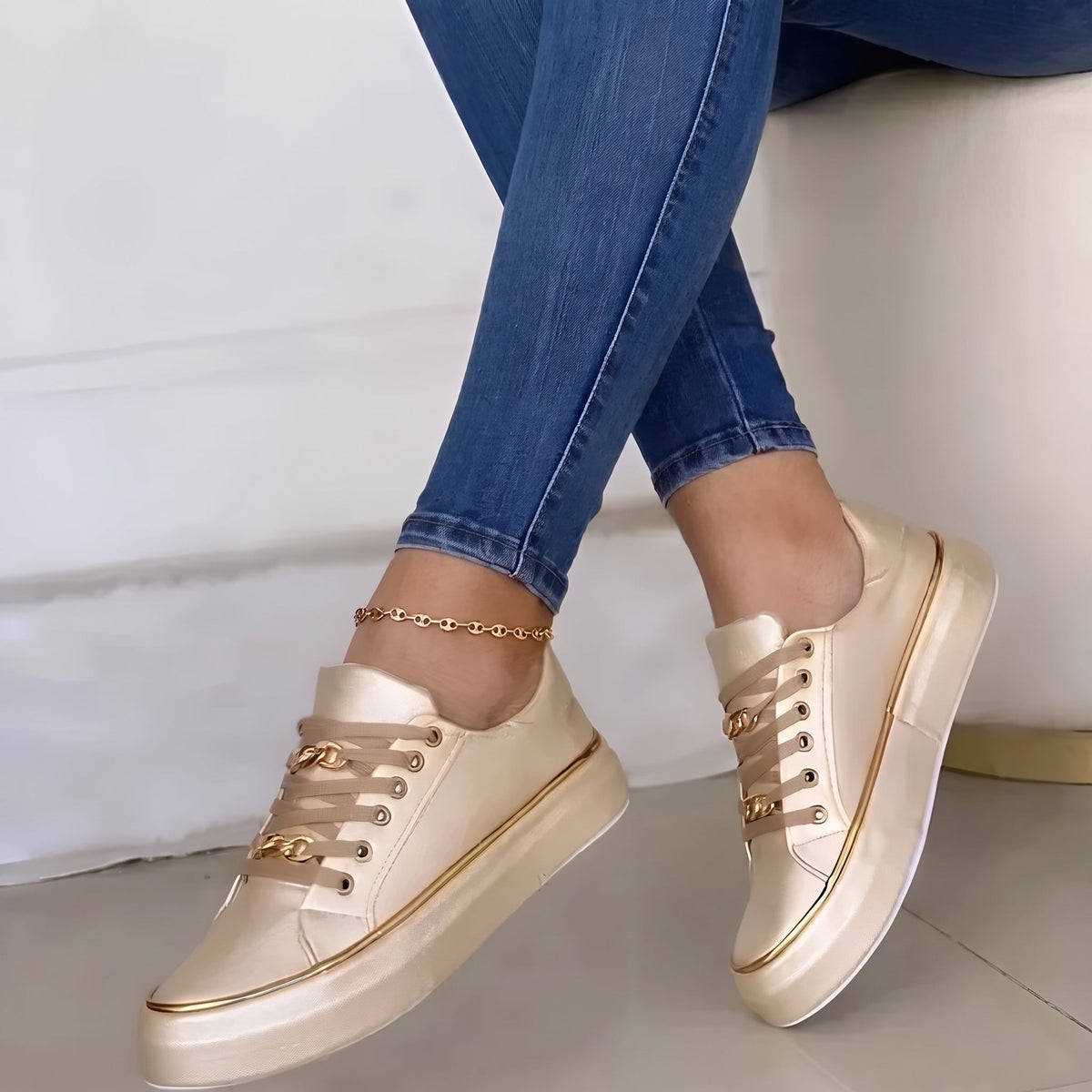 Alice – Women’s Lace-Up Platform Sneakers with Gold Chain Detail