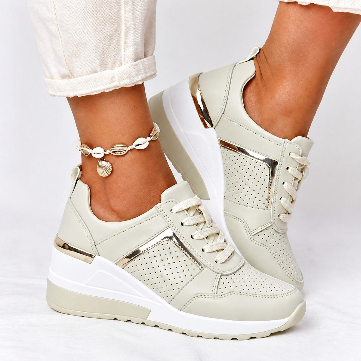 Alice - Women's Supportive Wedge Sneakers with Metallic Panel Detail