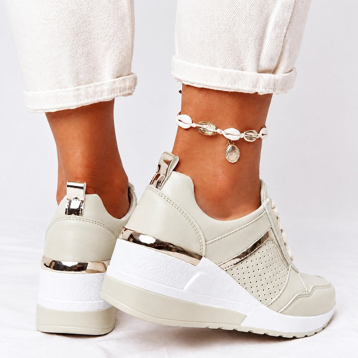 Alice - Women's Supportive Wedge Sneakers with Metallic Panel Detail