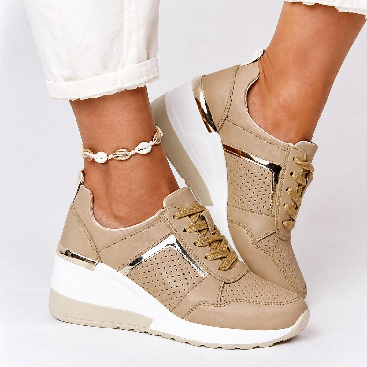 Alice - Women's Supportive Wedge Sneakers with Metallic Panel Detail
