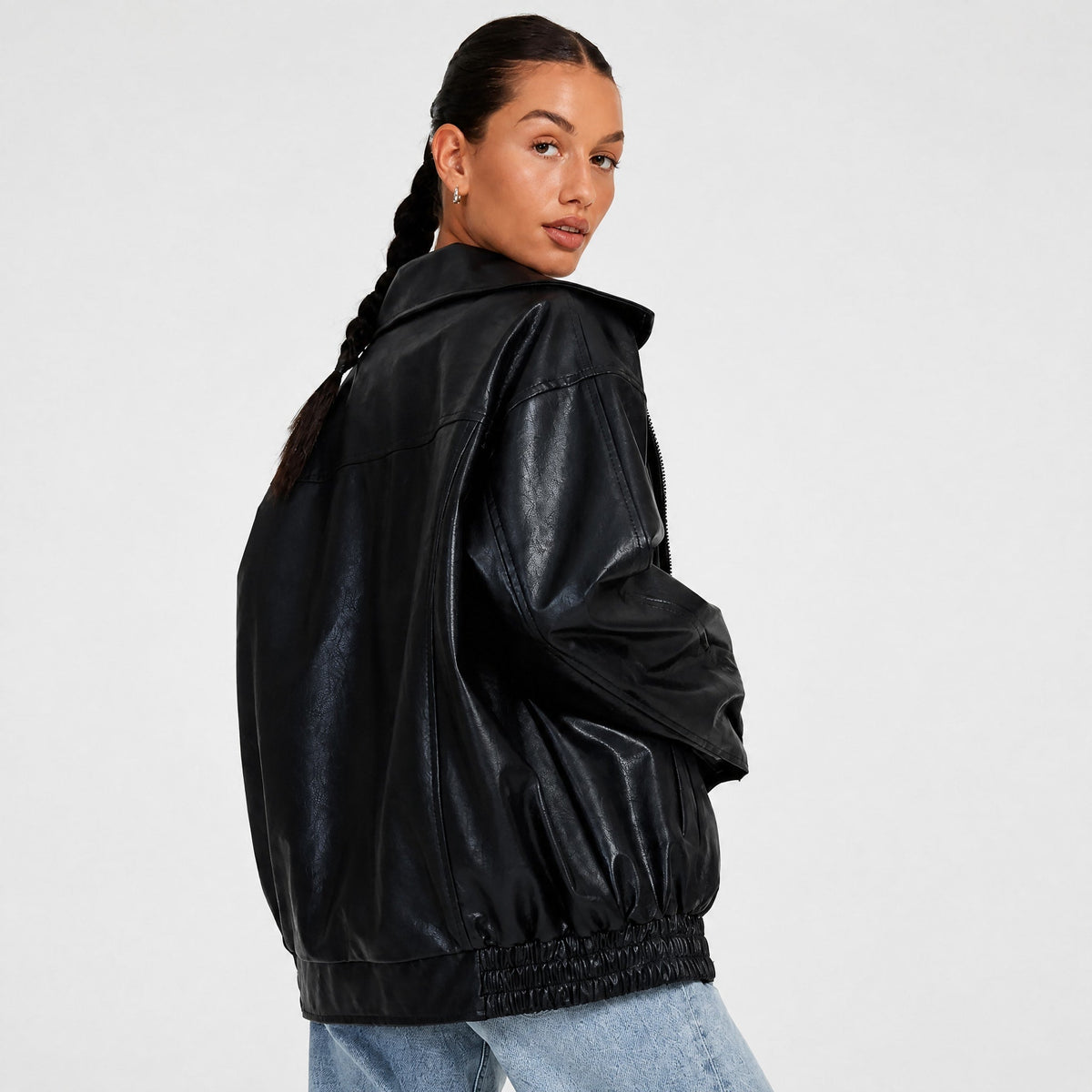 Althea - Women's Oversized Collared Zip-Up Leather Jacket