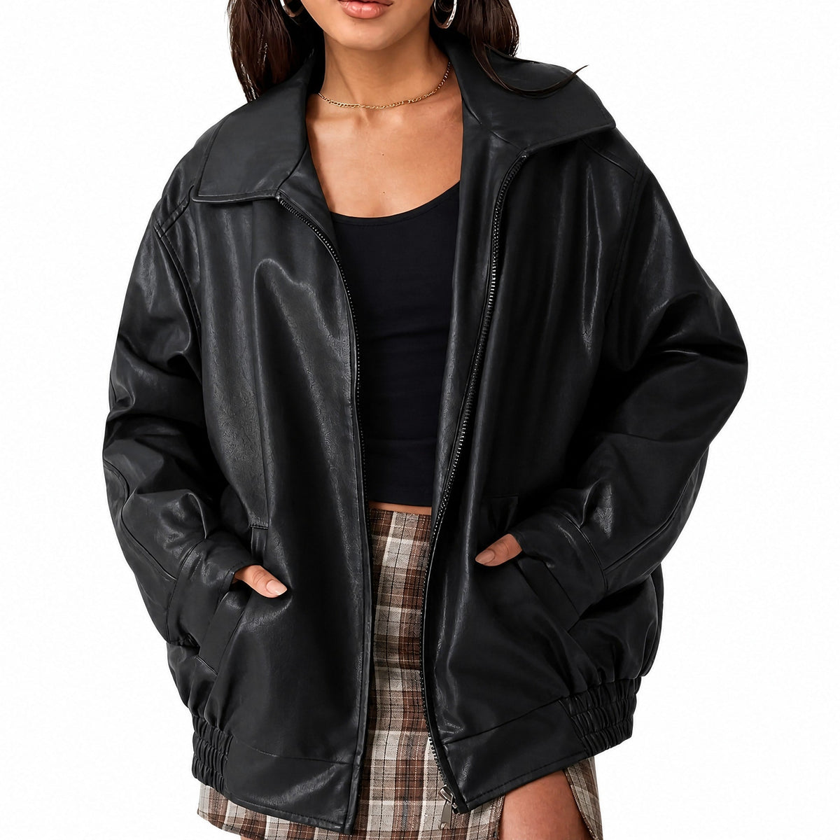 Althea - Women's Oversized Collared Zip-Up Leather Jacket