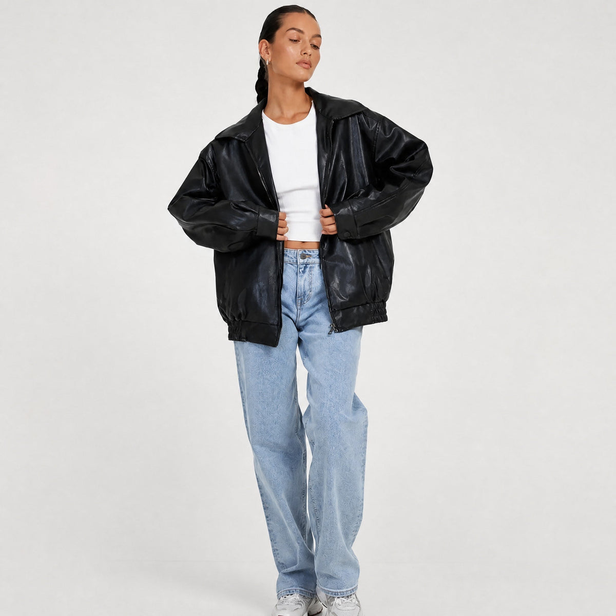Althea - Women's Oversized Collared Zip-Up Leather Jacket