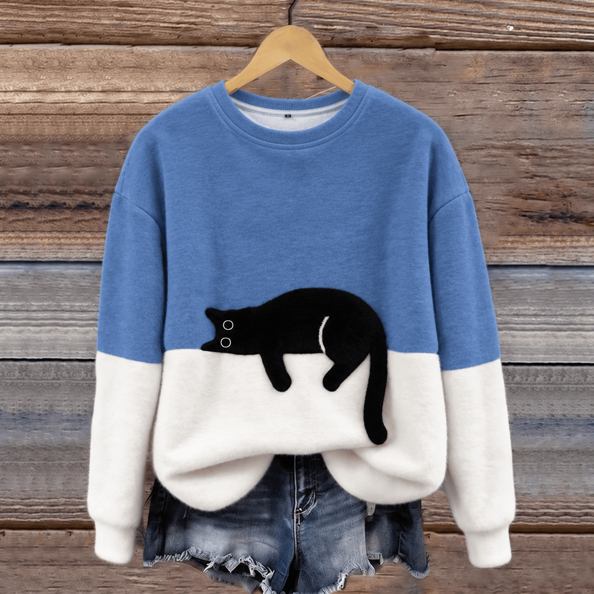 Phoebe - Women's Cat Print Colorblock Crew Neck Sweater