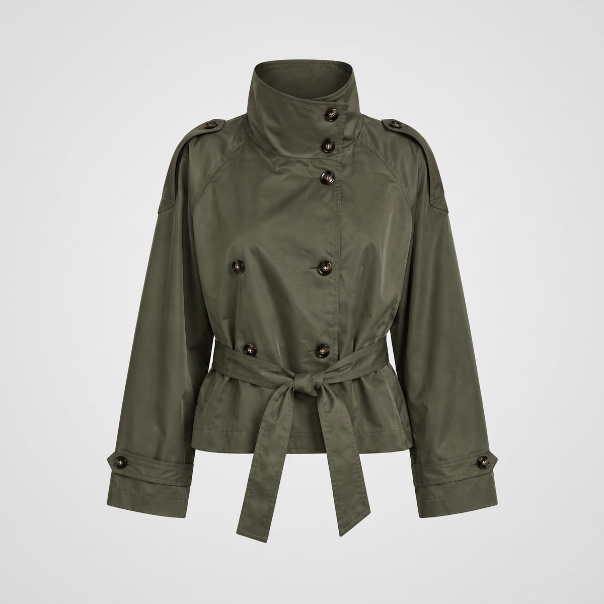 Amelia - Women's Double-Breasted Cropped Trench Jacket with Stand Collar