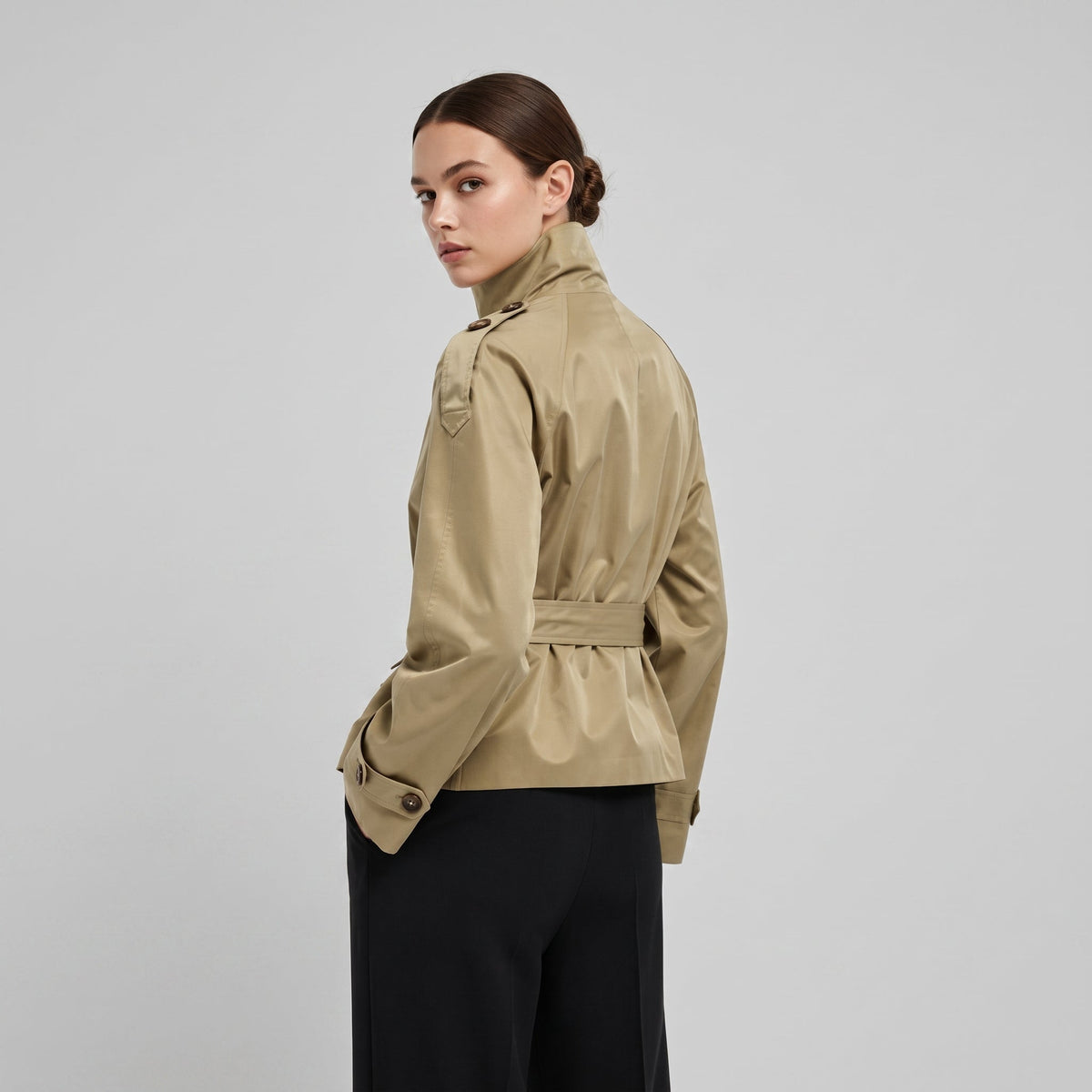 Amelia - Women's Double-Breasted Cropped Trench Jacket with Stand Collar