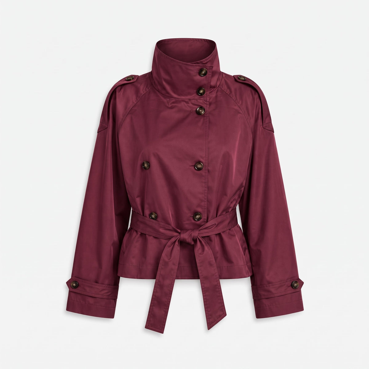 Amelia - Women's Double-Breasted Cropped Trench Jacket with Stand Collar