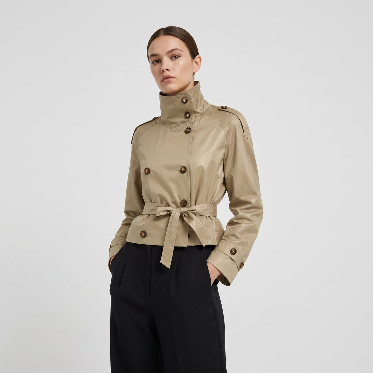 Amelia - Women's Double-Breasted Cropped Trench Jacket with Stand Collar