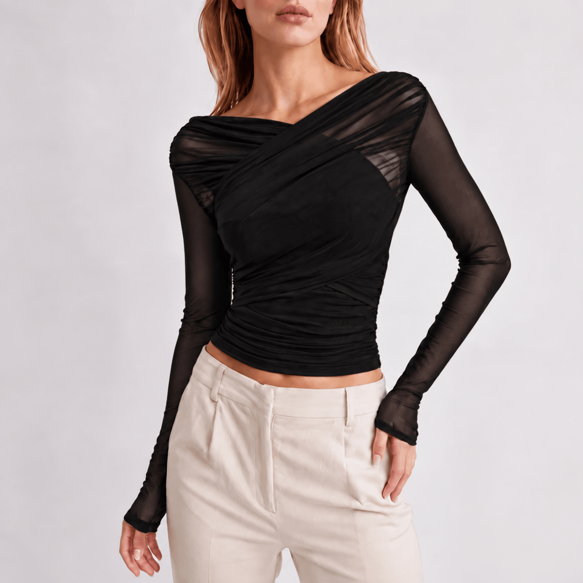 Isla - Women's Ruched Long Sleeve Mesh Top with Crossover V-Neck