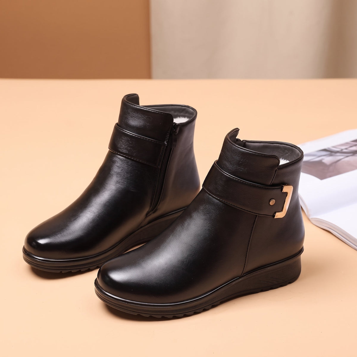 Clara - Women's Orthopedic Fur-Lined Ankle Boots with Buckle Strap