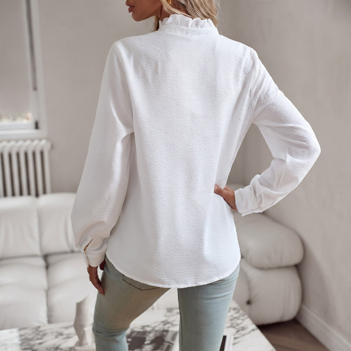 Corinne - Women's Ruffle Collar Long Sleeve Striped Blouse with Button Front