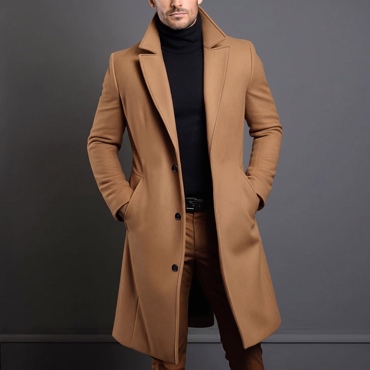 Edson - Men's Tailored Longline Wool-Look Overcoat with Notch Lapel