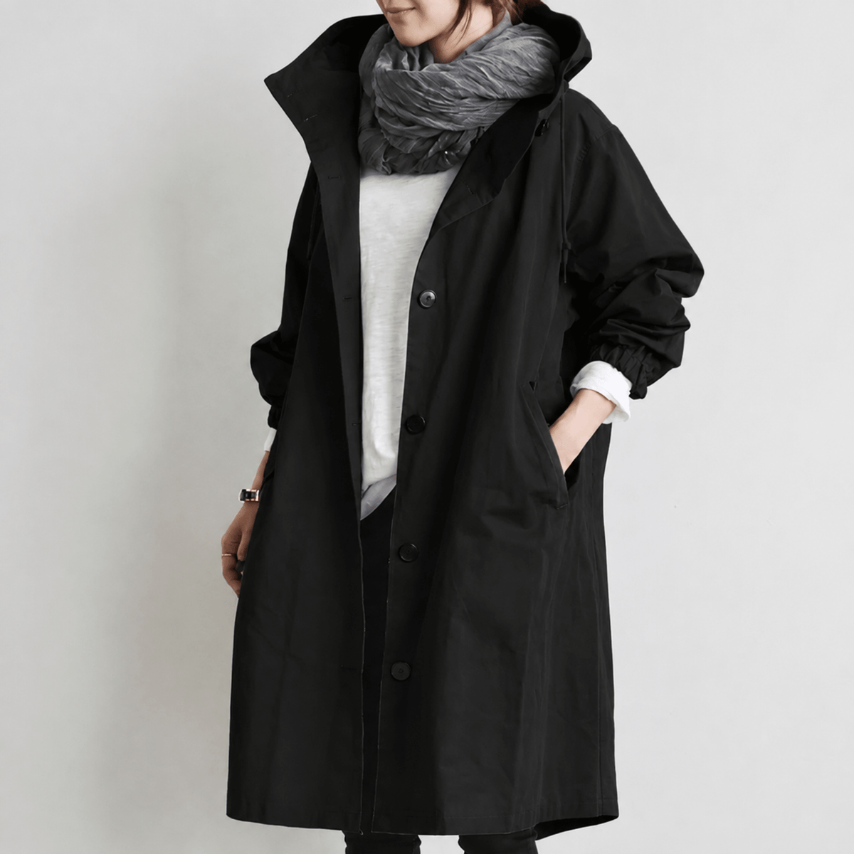Freya - Women's Hooded Longline Trench Coat with Drawstring Hood