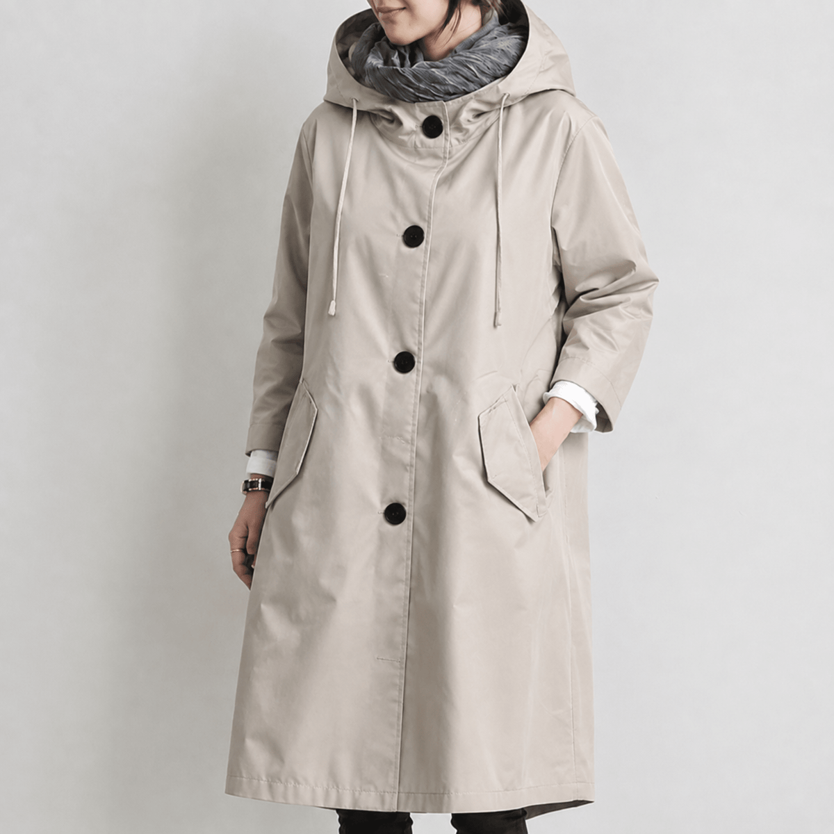 Freya - Women's Hooded Longline Trench Coat with Drawstring Hood