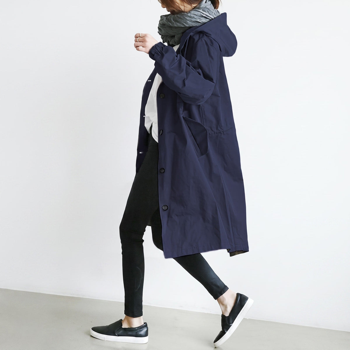 Freya - Women's Hooded Longline Trench Coat with Drawstring Hood