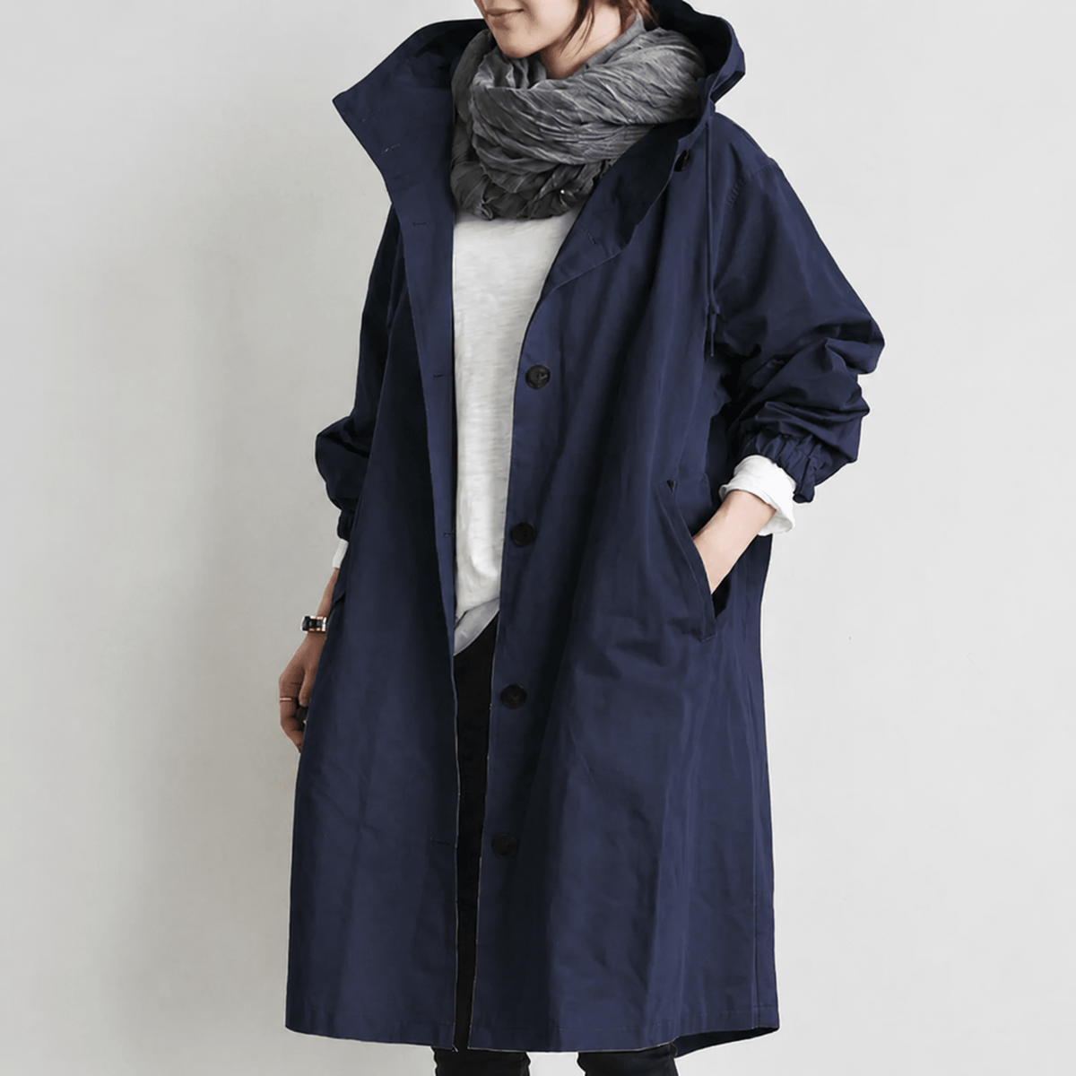 Freya - Women's Hooded Longline Trench Coat with Drawstring Hood
