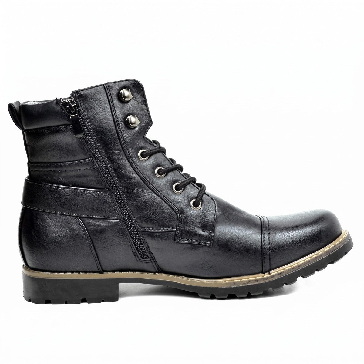 Marcus - Men's Lace-Up Side Zip Combat Boot with Buckle Strap