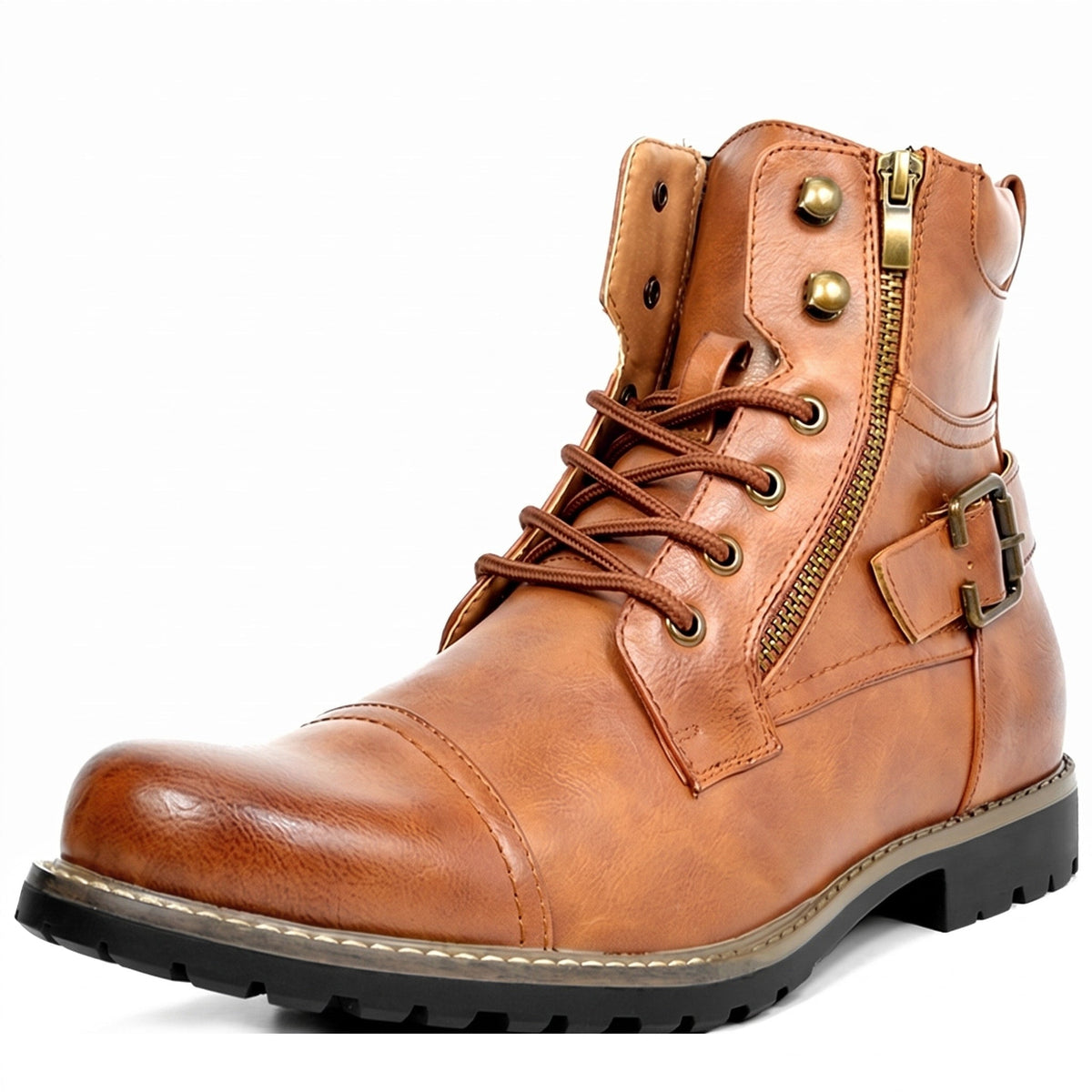 Marcus - Men's Lace-Up Side Zip Combat Boot with Buckle Strap