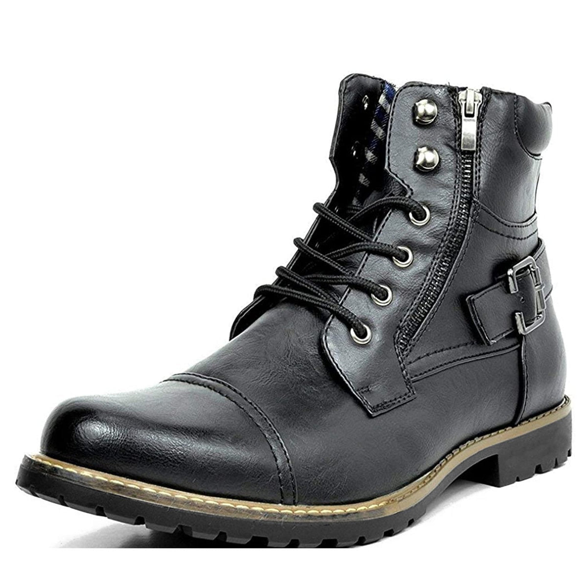 Marcus - Men's Lace-Up Side Zip Combat Boot with Buckle Strap