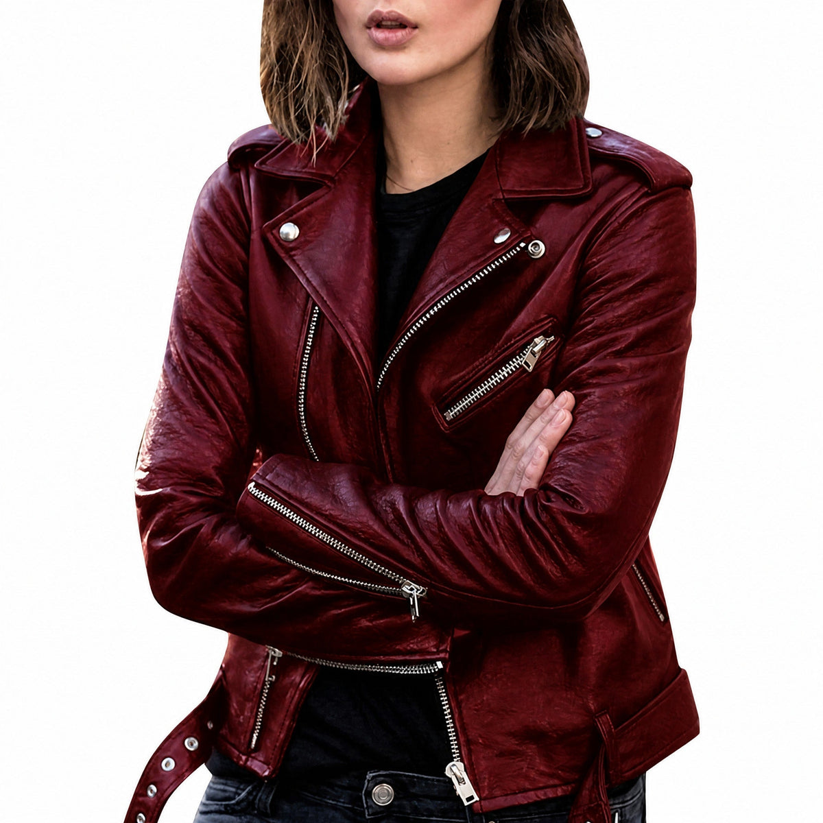 Isla - Women's Slim Fit Biker Jacket with Zip Pockets and Notch Lapel