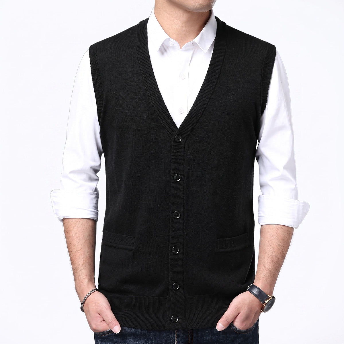 James - Men's Button-Front Knit Sweater Vest with V-Neck