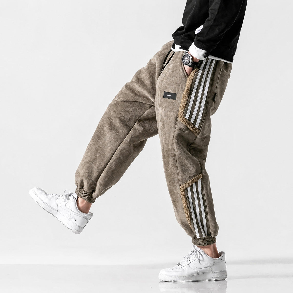 James - Men's Sherpa-Lined Striped Cargo Joggers with Elasticated Cuffs