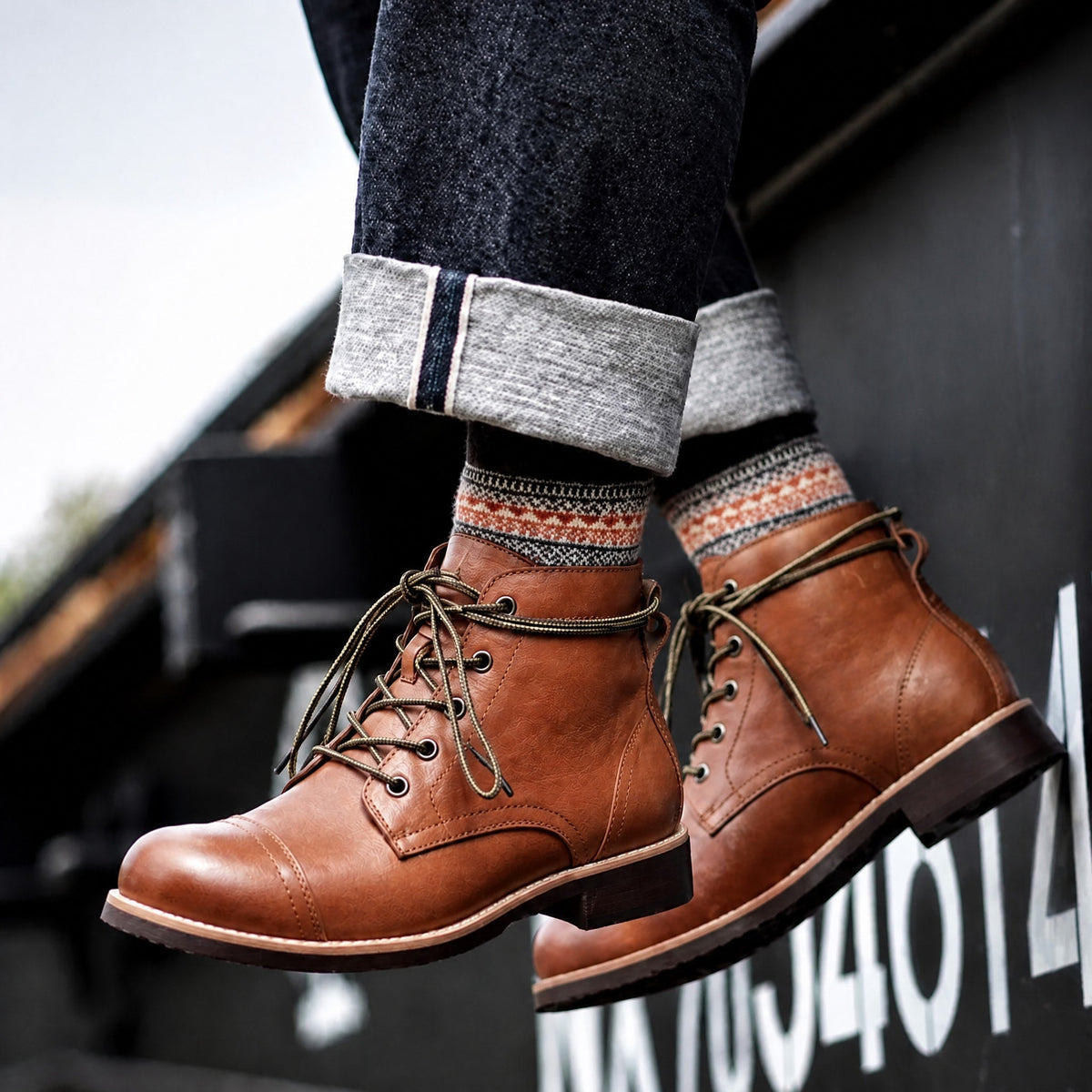 Jasper - Men's Cap Toe Lace-Up Ankle Boots with Leather Look