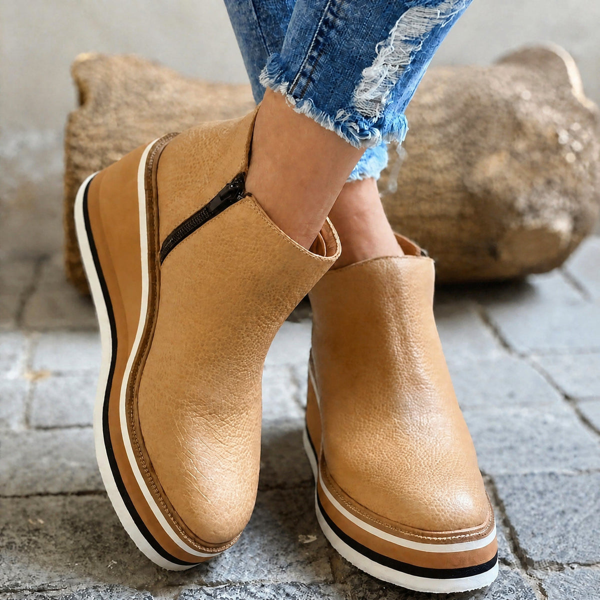 Jeanne - Women's Wedge Platform Ankle Boots with Side Zipper