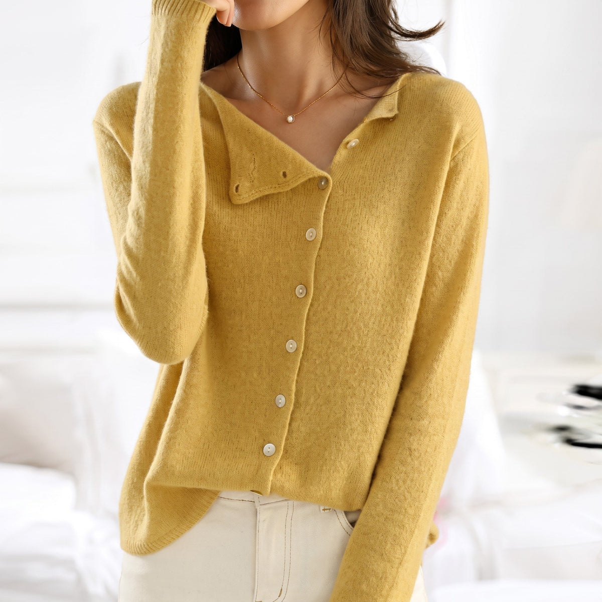 Lia - Women's Relaxed Asymmetric Button-Front Cardigan