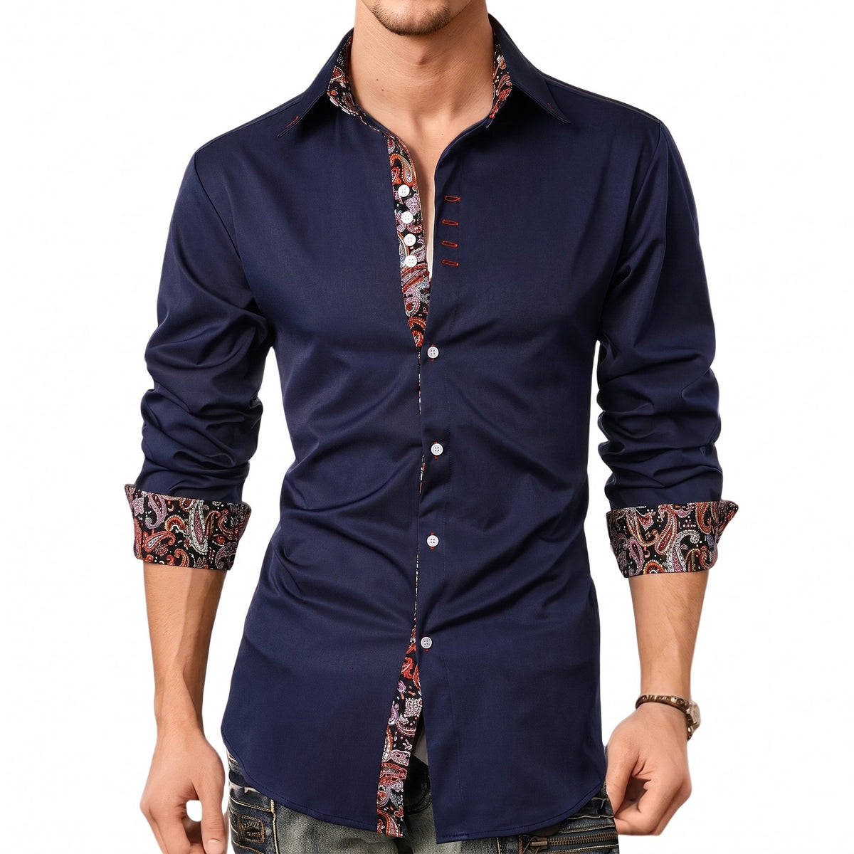 Marcus - Men's Slim Fit Button-Down Shirt with Paisley Trim