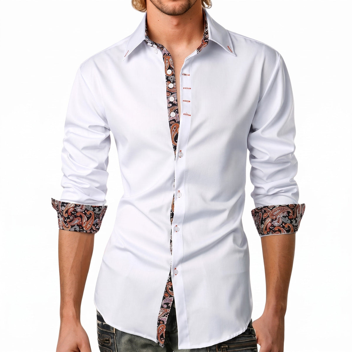 Marcus - Men's Slim Fit Button-Down Shirt with Paisley Trim