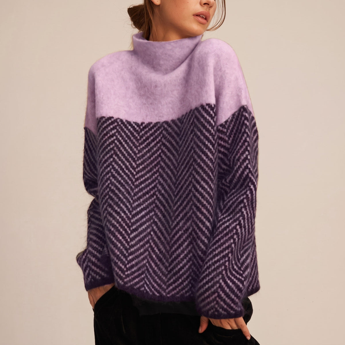 Molly - Women's Chevron Turtleneck Sweater with Colorblock Funnel