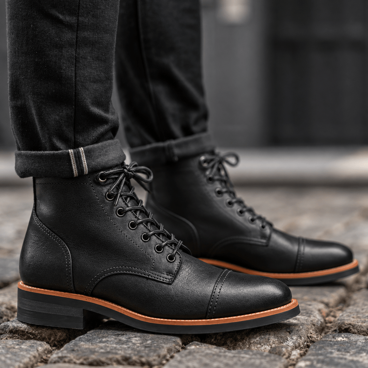 Owen - Men's Lace-Up Stacked Heel Ankle Boots with Contrast Sole