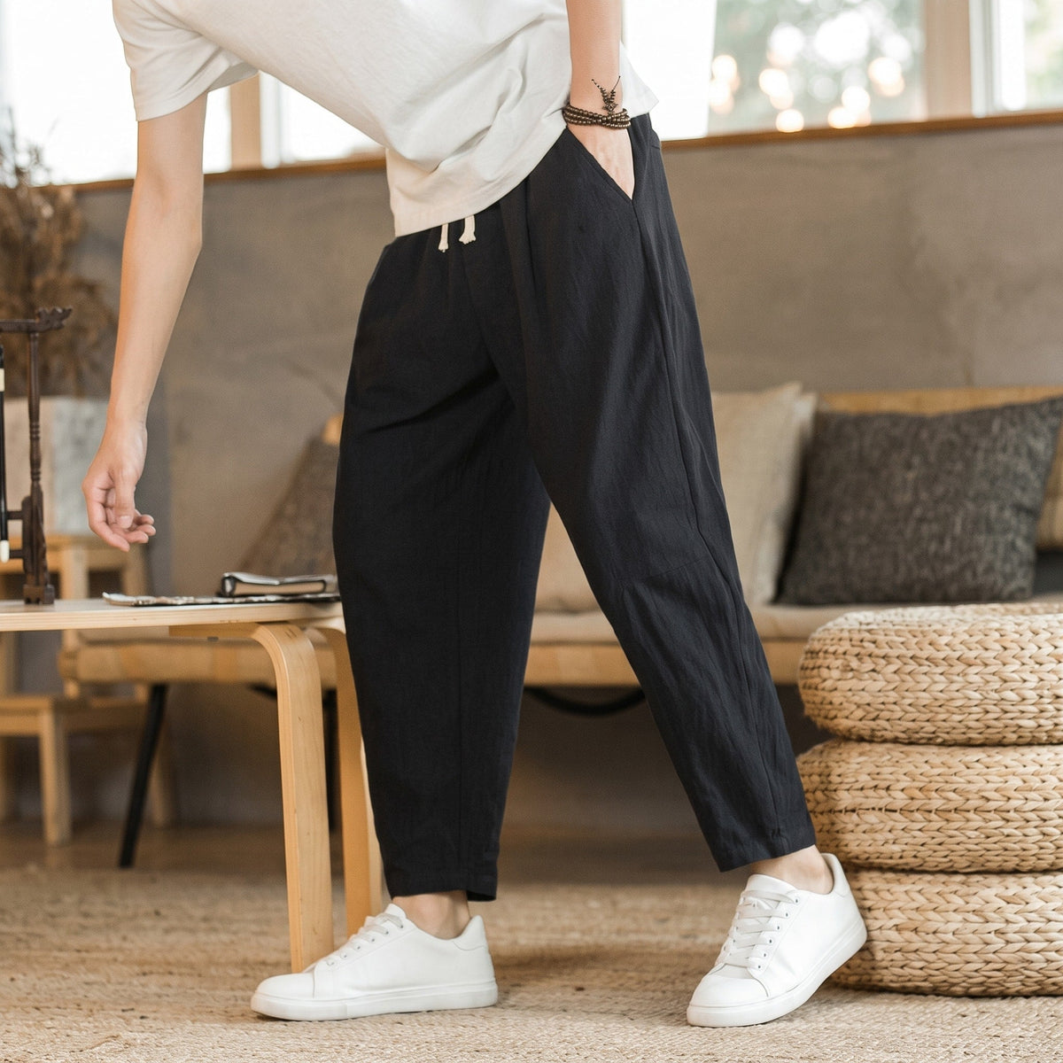 Marcus - Men's Elastic Waist Loose Fit Ankle-Length Trousers
