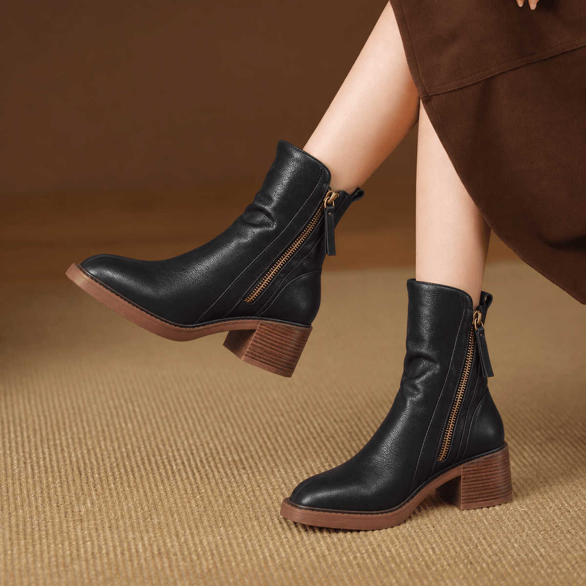 Daphne - Women's Block Heel Zip-Up Ankle Boots with Tassel Pull