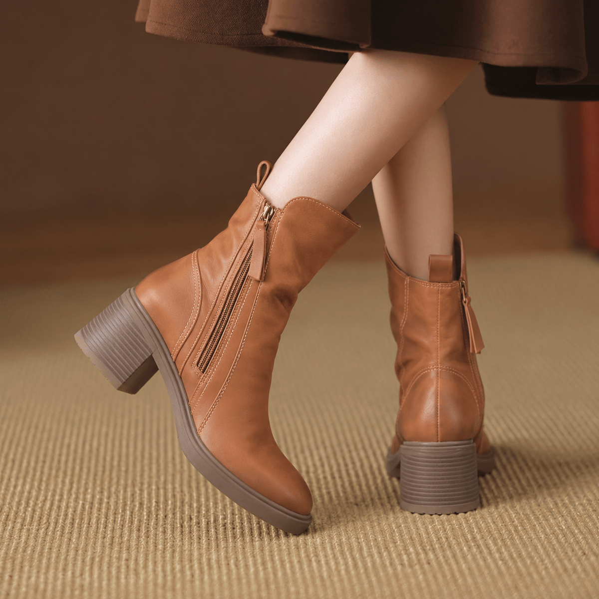 Daphne - Women's Block Heel Zip-Up Ankle Boots with Tassel Pull