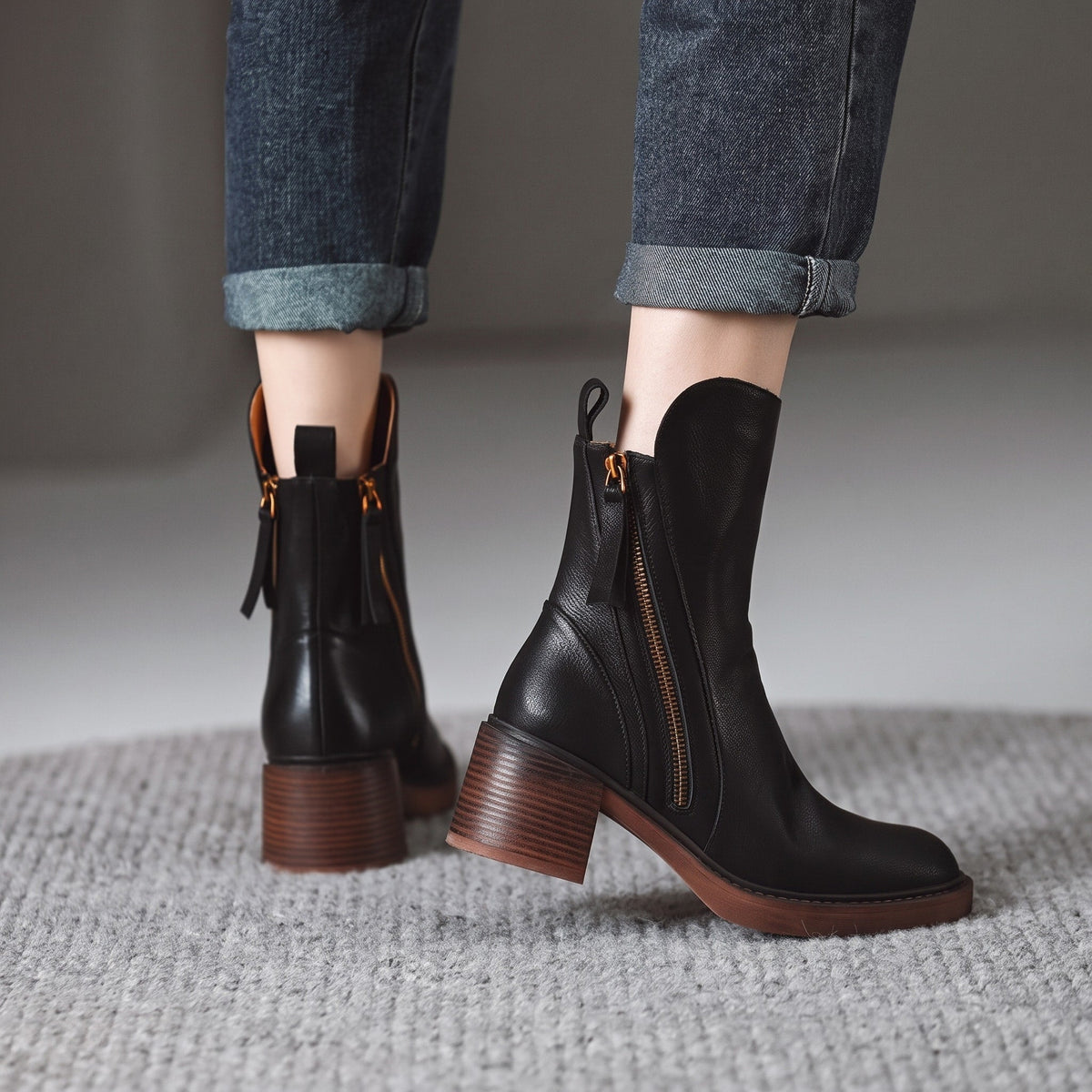 Daphne - Women's Block Heel Zip-Up Ankle Boots with Tassel Pull