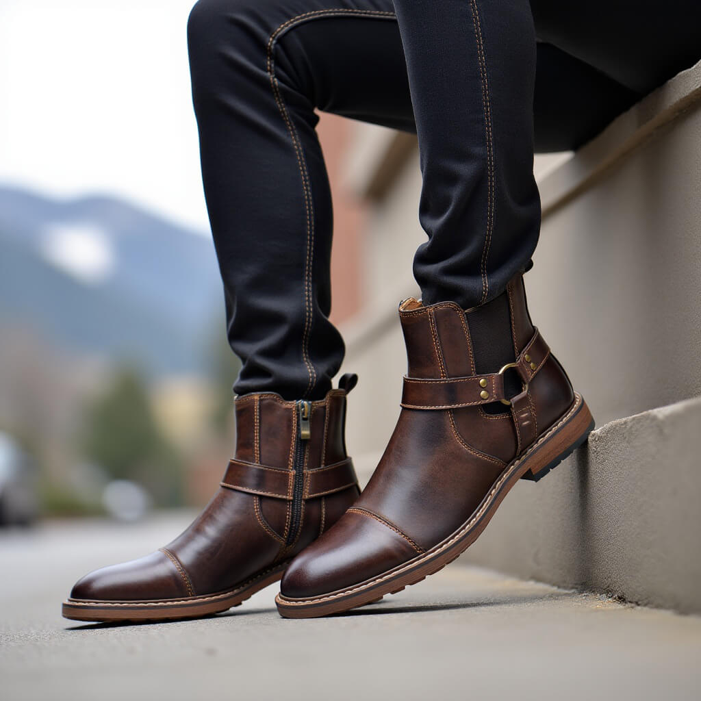 Jasper - Men's Buckle Strap Harness Ankle Boots with Cap Toe Design