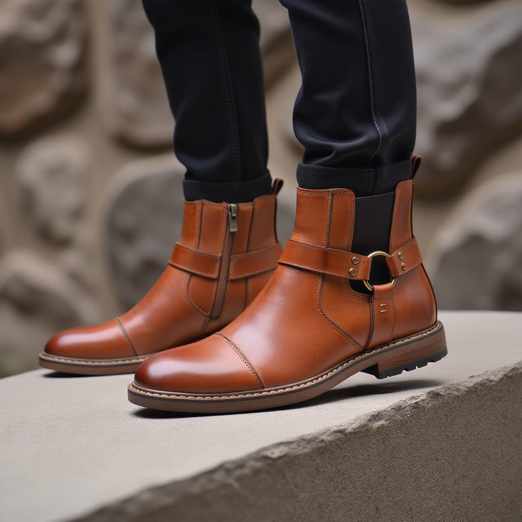 Jasper - Men's Buckle Strap Harness Ankle Boots with Cap Toe Design