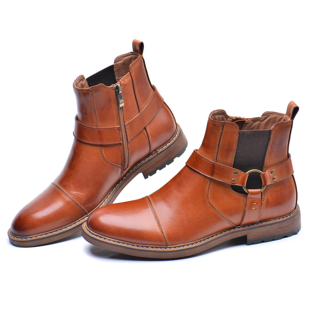 Jasper - Men's Buckle Strap Harness Ankle Boots with Cap Toe Design